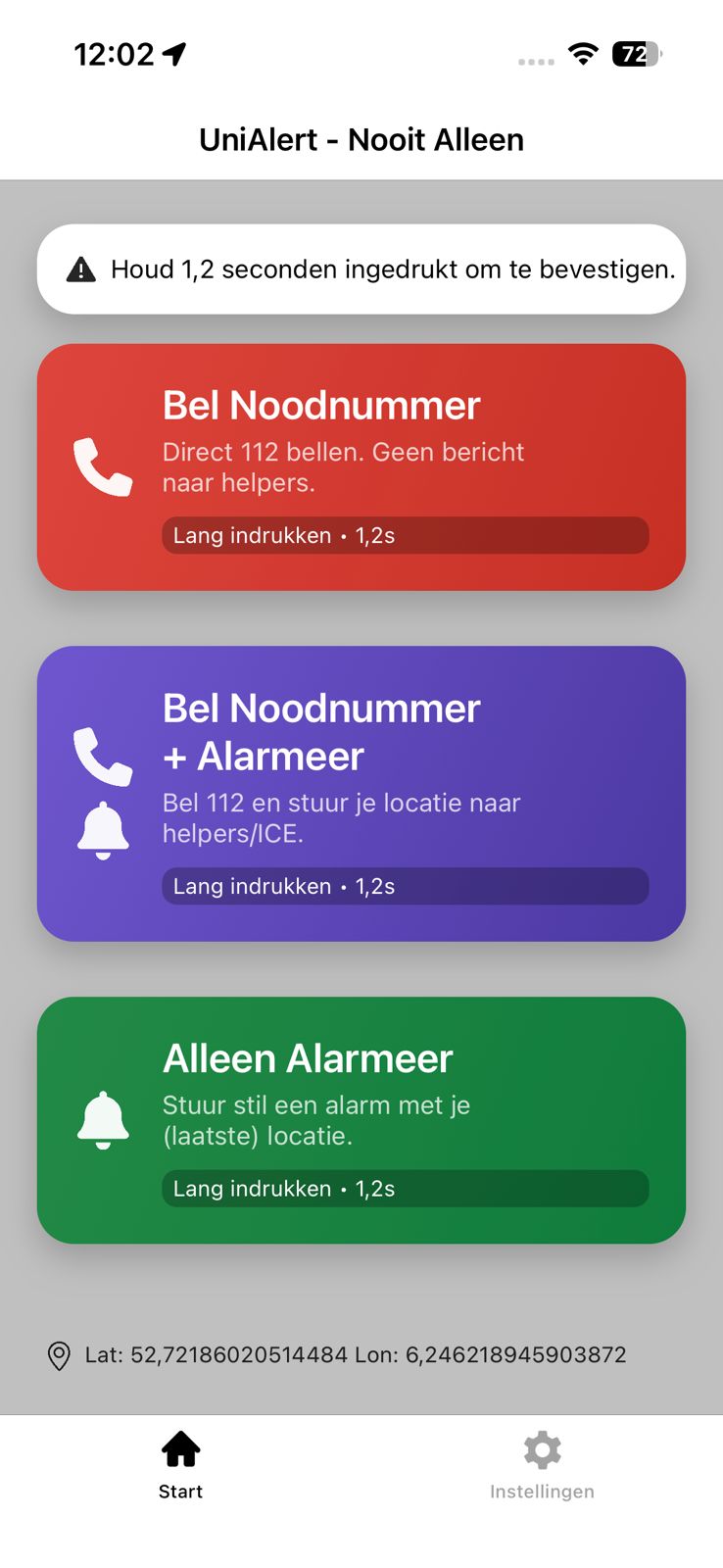 Hoofdscherm met drie alarmopties