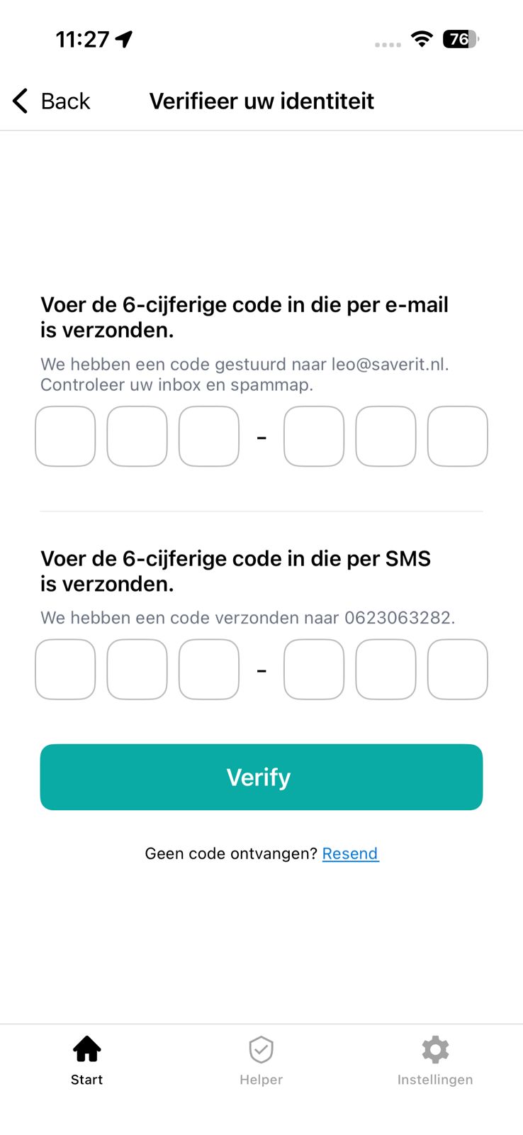 Verificatie met codes (e-mail + sms)