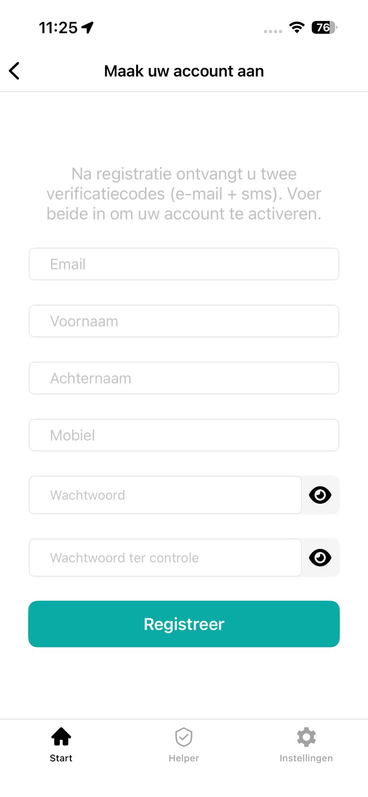 Registratie scherm UniAlert